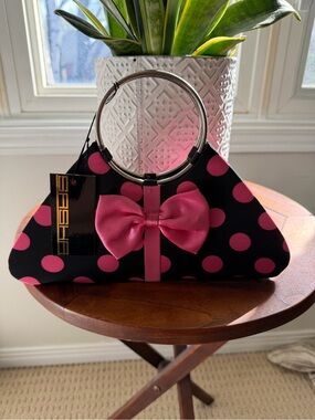 SASHAS Black Clutch with Hot Pink Polka Dots & Bow